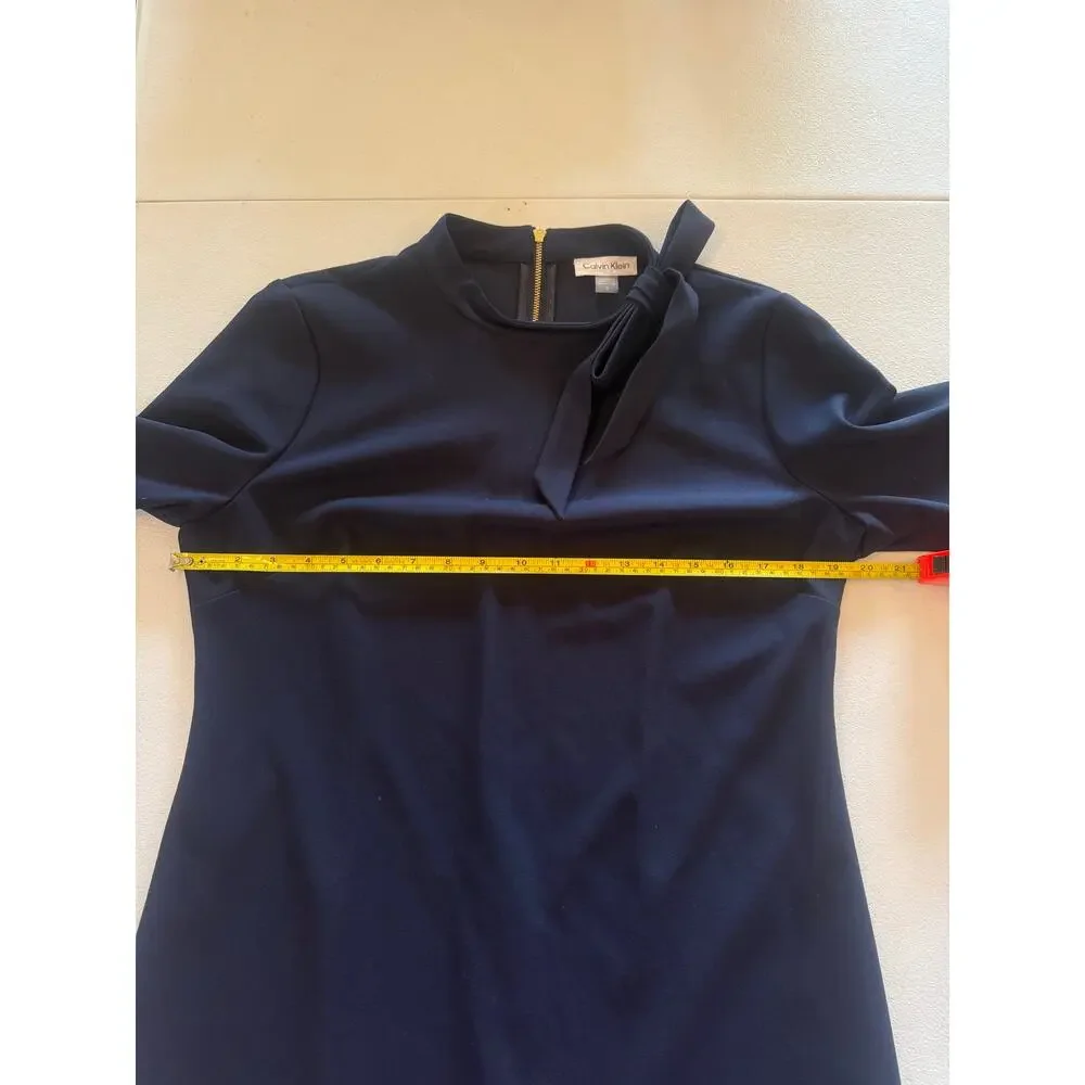 Calvin Klein High Neck Long Sleeve Navy Shift Dress Bow Neck Career Sz 12 - Picture 6 of 7